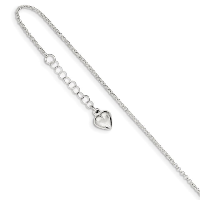 925 Sterling Silver 1.5mm Poli Coeur Chaîne Cheville avec 1in Rallonge Longueur