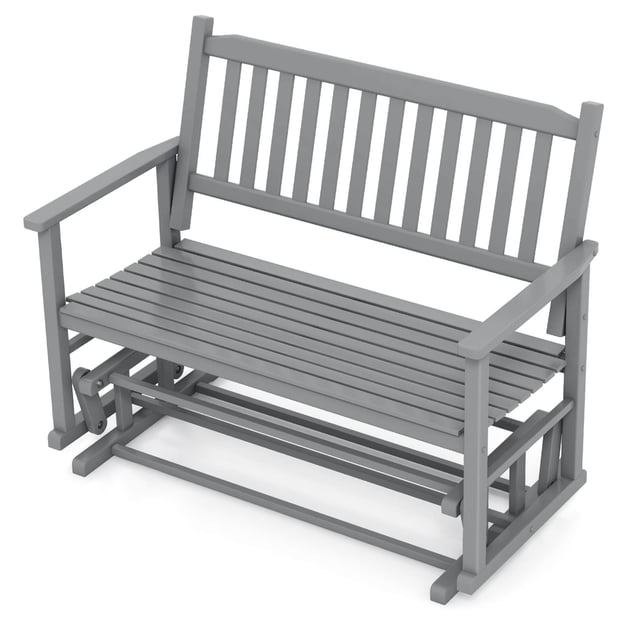 Gymax Patio Glider Loveseat Chair Swing Rocking Bench w/ Curved Backrest & Slatted Seat Gray centered, front-facing gray poplar wood two-person glider loveseat with curved slanted backrest, slatted slat seat, wide armrests and visible smooth bearing arm brackets over a reinforced base frame; overall dimensions 50 x 27 x 39 in, seat height 18 in, shown in a neutral outdoor patio setting and suitable for balcony or garden seating.