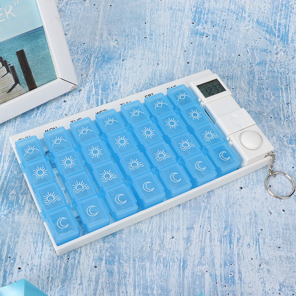 Pills Case Pills Organizer 28 Grids Weekly Portable Medicine Tablet Pills Candy Storage Box Organizer Case With RemiderBlue