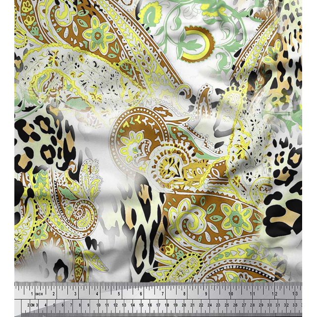 Soimoi Yellow polyester Crepe Fabric Paisley & Leopard Animal Skin Printed Fabric 1 Yard 52 Inch Wide