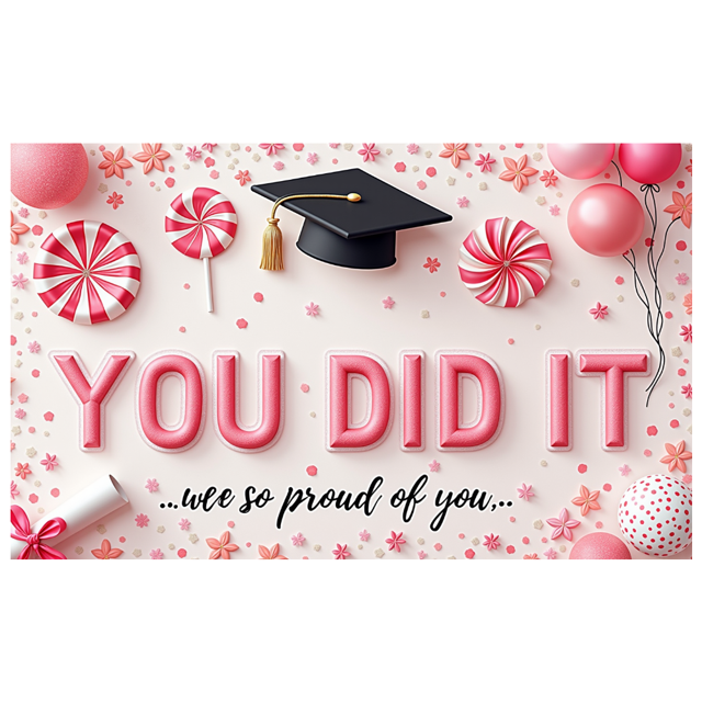 Graduation Cap Graduation Banner Diploma Achievement Banner Pink Balloons Lollipop Confetti Banner for Graduation Ceremony School Event Student Celebration