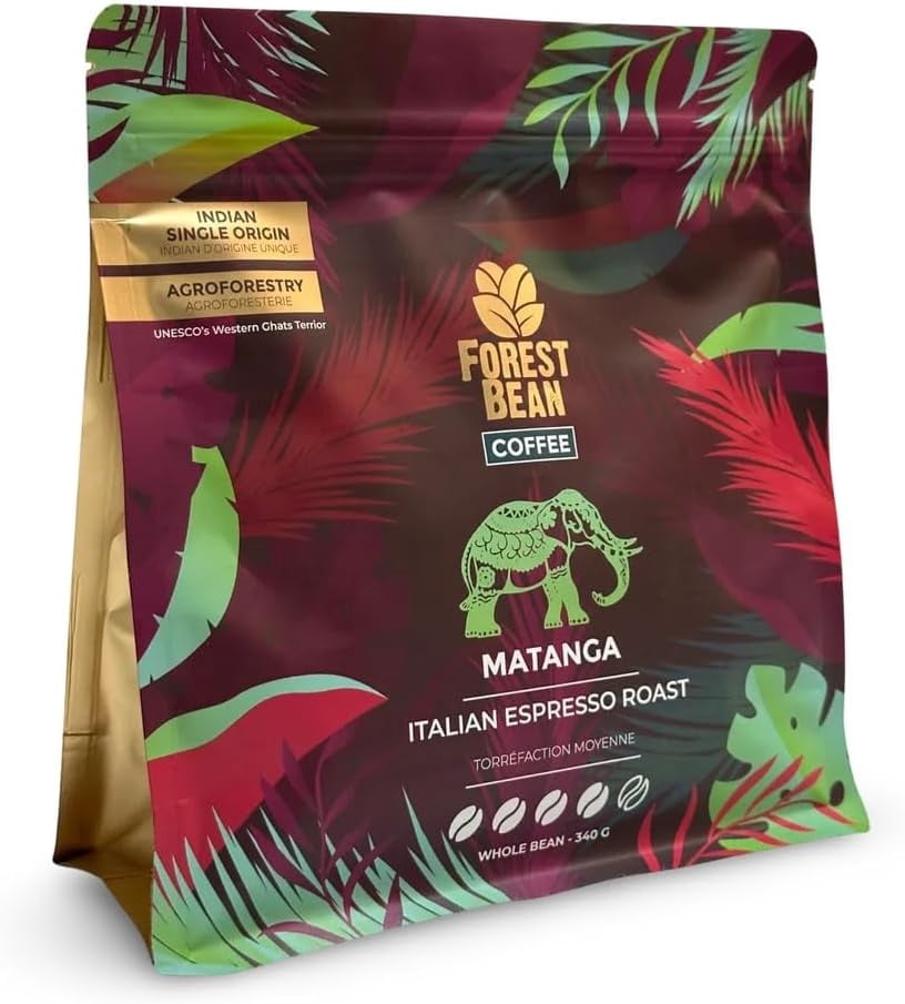 Forest Bean Matanga Coffee, 100% Arabica, Single-Origin Indian, Italian Espresso Roast, 340g Whole Bean Bag