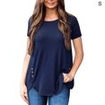 thumbnail image 1 of Femmes T-shirt Couleur Unie Bouton Col Rond Court Couleur Unie Top Femmes Chemisier, Bleu Foncé, S, 1 of 5