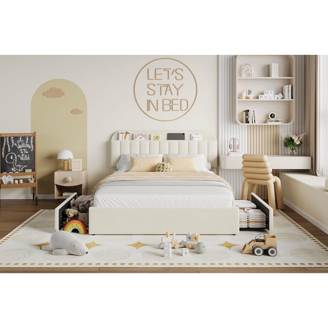 Eastvita Stylish/Durable Beige Queen Bed Frame Boucle Upholstered with Storage Headboard/2 Drawers/Built - in Bookcase/No Box Spring/Easy Assembly