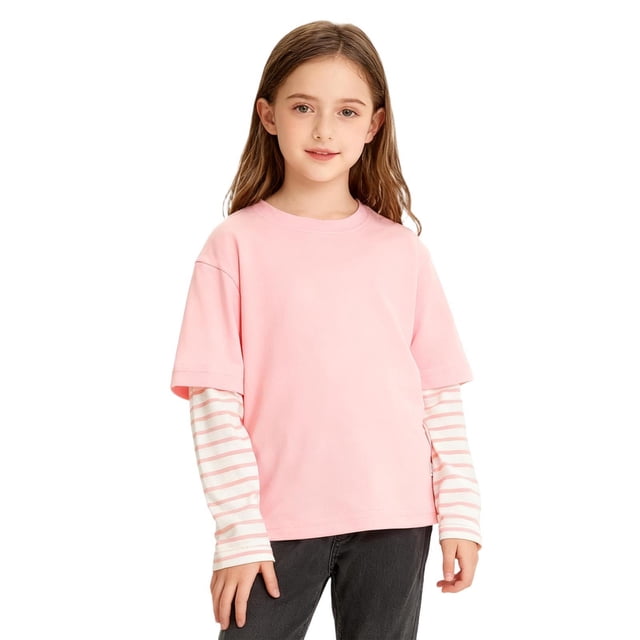 T-Shirt à Manches Longues pour Filles Printemps et Automne avec Faux Deux Pièces Chandail, Haut de Mode Décontracté à Rayures avec Manches Longues Col Rond