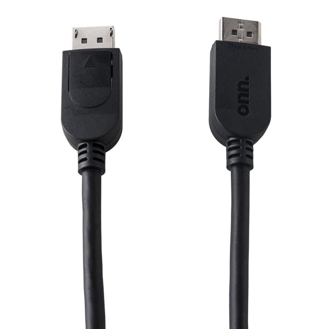 onn. 6 FT./1.8 m Full HD Video, High-Resolution DisplayPort to HDMI Cable with black flexible cord, showing DisplayPort connector branded 'onn.' and HDMI connector, ideal for connecting DisplayPort devices to HDMI monitors or TVs