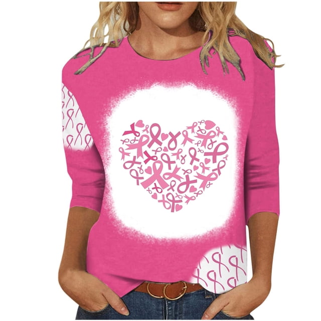 Atogsazn Chemises à Imprimé Cœur pour Femmes, Col Rond Décontracté, Manches 3/4, Chemise Ample et Décontractée, Blouse, Hauts, Rose, TTTTG, Mode