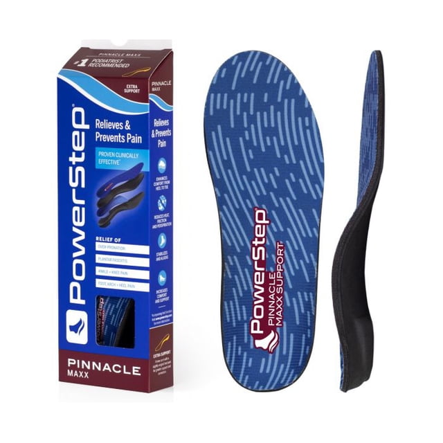 PowerStep Pinnacle Maxx Support Semelles de Soutien de Voûte Plantaire Neutres - 5015-01, Présentant un design Pleine Longueur avec un Tissu Supérieur à Motif Bleu et un Soutien de Voûte Ferme et Profilé. les Semelles Inclinent Inclinément avec un Berceau à Talon Profond et un Poteau à Talon Incliné pour une Stabilité Accrue et un Contrôle des Mouvements. Présentées aux Côté de l'Emballage de Marque, Qui Met en Valeur des Caractéristiques comme le Soulagement de la Douleur pour la Fasciite Plantaire et la Surpronation. Convient aux Voûtes Neutres et Conçu