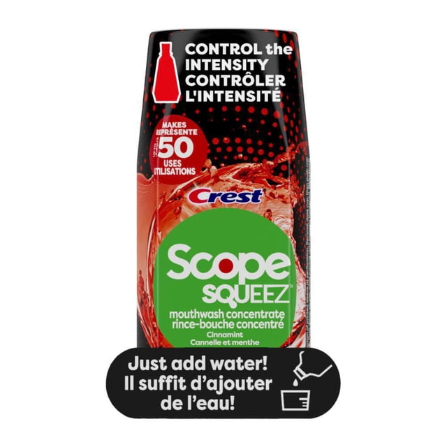 Scope Squeez Mouthwash Concentrate Cinnamint Flavour bottle with black and red packaging and green label featuring Crest logo, promoting intensity control and 50 uses, with bilingual instructions to just add water, ideal for oral care and fresh breath.