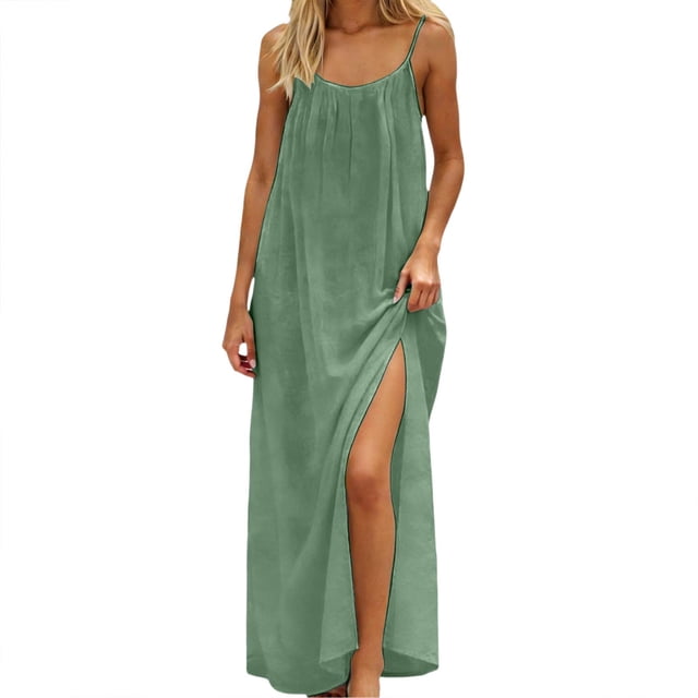 Daiosportswear Robe Longue de Détente pour Femmes à Bretelles Spaghetti, Dos Nu, Coupe Ample, Robe-Robe à Manches Courtes pour Femmes Vert P(S)