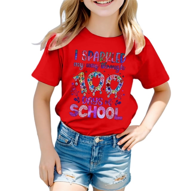 LUOGENLI T-Shirt pour Filles Enfants Mode Décontractée Imprimé Col Rond Ample Manche Courte T-Shirt Haut Maxi Chemises avec Shorts en Dessous Rouge 5-6 Ans