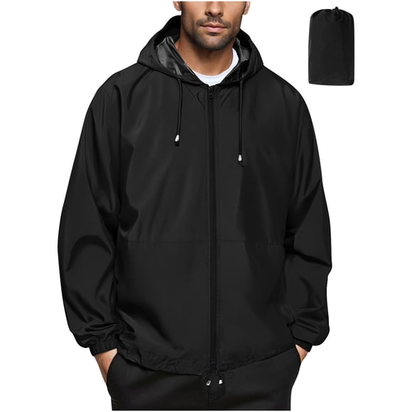 Ohufall Mens Waterproof Rain Hooded Jackets Comfy Plus Size Hoodies Raincoats with Pockets Lightweight Long Sleeve Zipper Jackets with Storage Bags