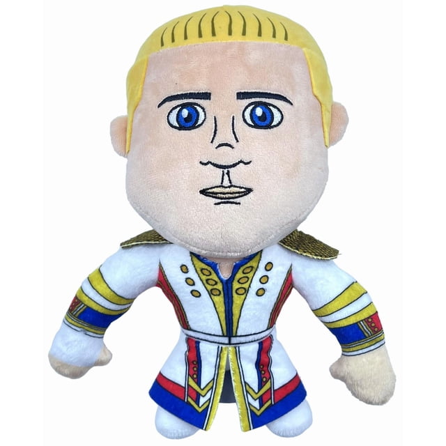 WWE Peluche de 9 Pouces sous Licence de Cody Rhodes Vêtue d'Une Veste de Lutte Blanche avec accents Brodés Rouges, Bleus et Jaunes, Épaulettes Dorées sur les Épaules et Motifs de Manches Détaillés, Debout sur un Fond Blanc, Convient aux fans et Collectionneurs de WWE.