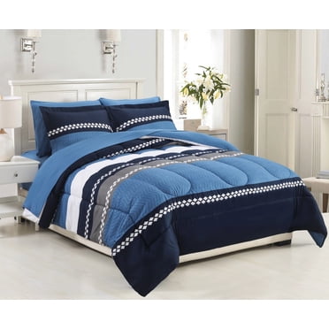 Literie Marina Décoration ultra douce et luxueuse en duvet d'oie, alternative au duvet d'oie, imprimée, avec draps et motif à rayures géométriques bleu marine