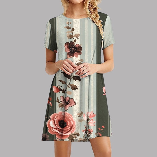 Offre Hebdomadaire d'Été Iumwxz Robes à Col Rond à Manches Courtes pour Femme Tendance Ligne A Décontractée Plissée Robe Courte Robe à Motif Floral Robes d'Été Robes Tendance pour Fête de Vacances