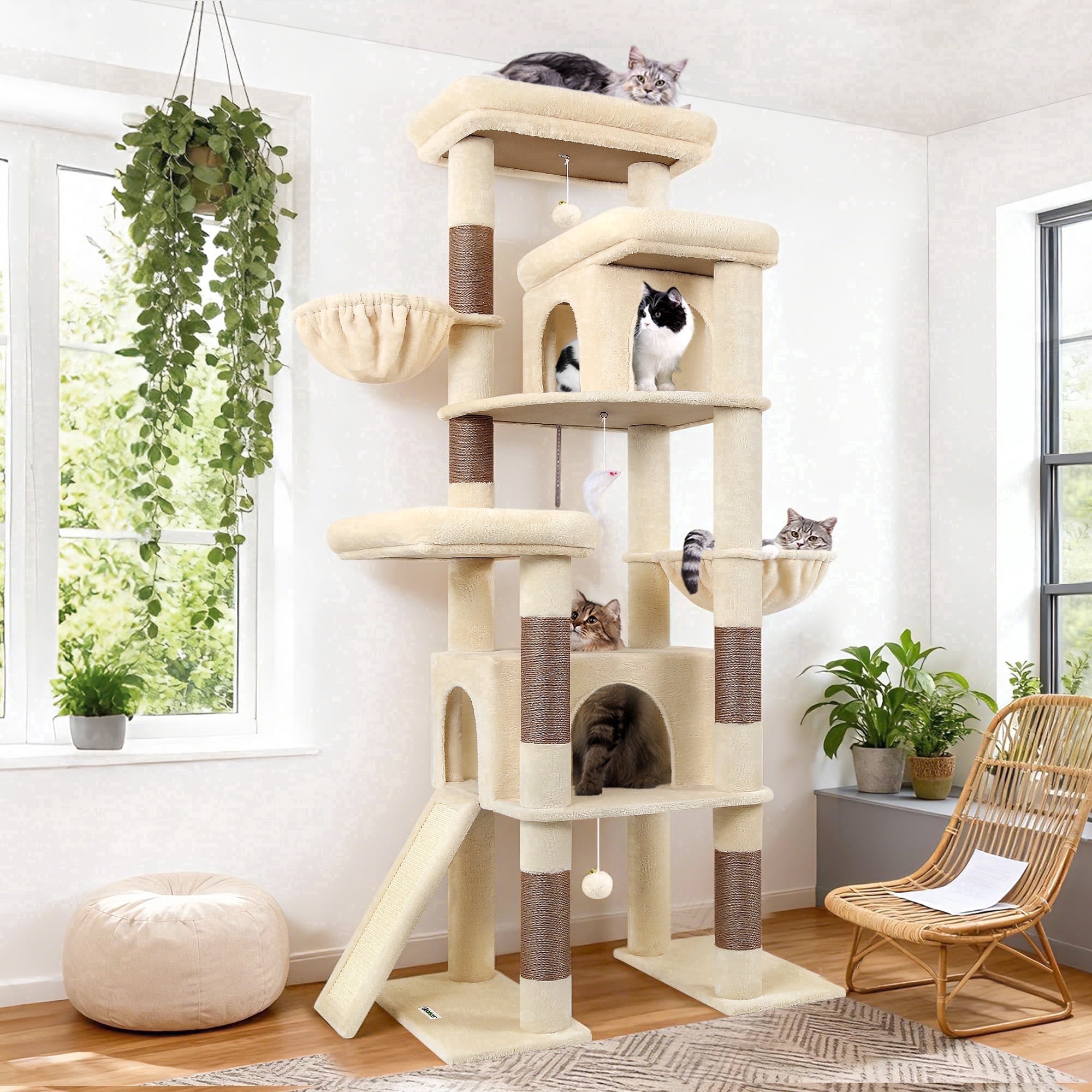 Globlazer 78" Multi-Level Large Cat Tree and Tower Condo for Indoor Cats with Sisal Scratching Posts, Condos, Hammock & Hammock, Beige