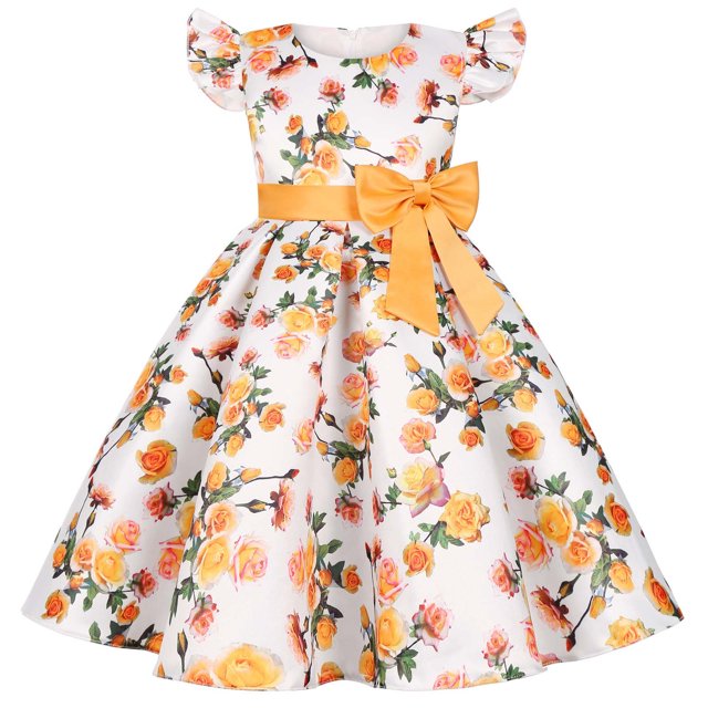 Ventes de Liquidation Aujourd'hui Offres Iumwxz Robes Rétro à Fermeture Éclair Plissées à Grand Ourlet Robes de Princesse avec Nœud Robes Col Rond à Fleurs Graphiques à Manches à Volants pour Enfants Robes Coupe Ample pour Cadeaux de Vacances 2-8 Ans