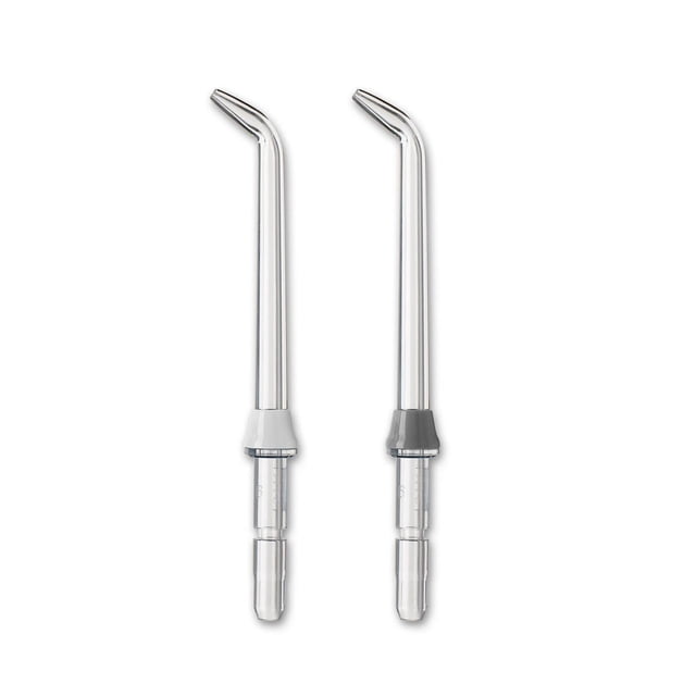 Waterpik® Classic Jet Tip replacement pack with two colour-coded jet tips per package, angled nozzles for targeted water flossing for general use to clean deep between teeth and below the gumline; clinically proven twice as effective as string floss and often used around braces and implants.