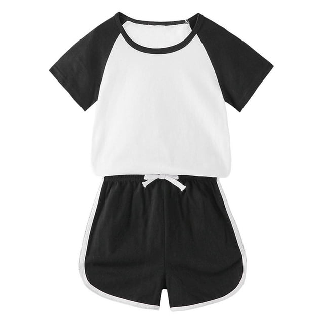 MKOSPLRT Workout Sets for Kid 12M-11Y Color Block Running Outfits Short Sleeve Raglan Shirts Drawstring Waist Track Shorts Sports Outfits