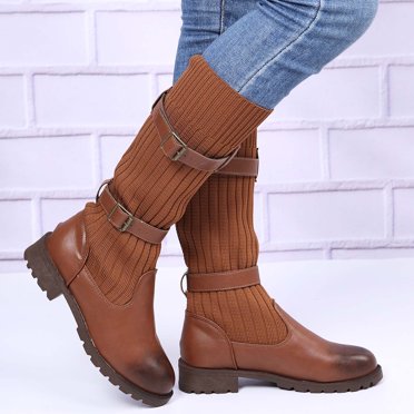 LSLJS Women Boots Retro Flat Bottom Shoes Casual Boots Plus Size Slip On Shoes, Women's Flats Mid Calf Boots, Womens Boots