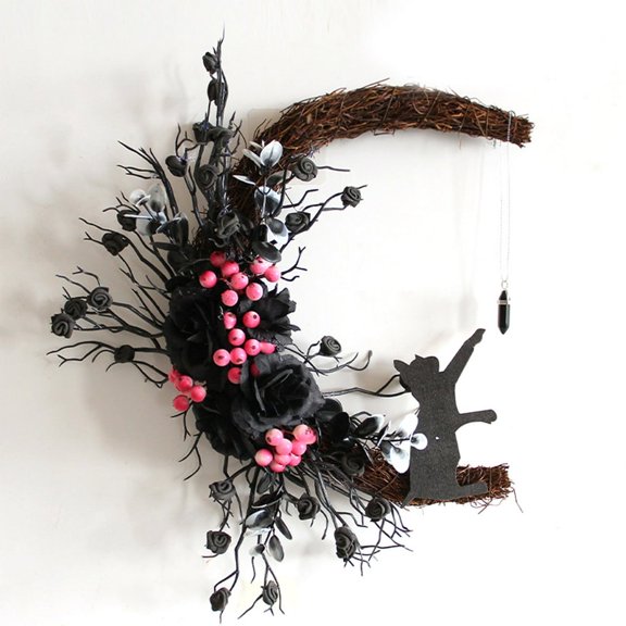 For Home Halloween Decorations Wall Hanging Art Moon Cat Garland Thanksgiving Party With Flowers Autumn Wreath