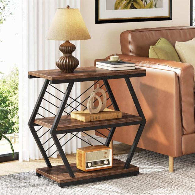 Tribesigns Table d'Appoint Industrielle avec 3 Étagères de Rangement, Table d'Appoint en Bois pour Canapé