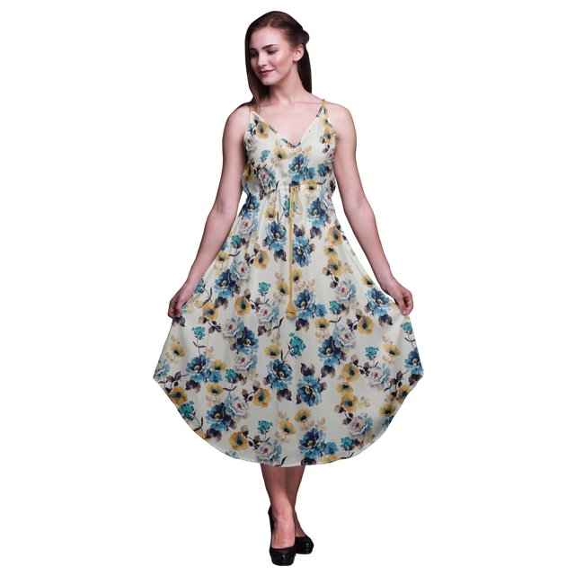 Bimba Robe Midi de Villégiature à Imprimé Floral pour Femme avec Cordon, Bretelles Spaghetti, Tenue de Plage - Très Petit
