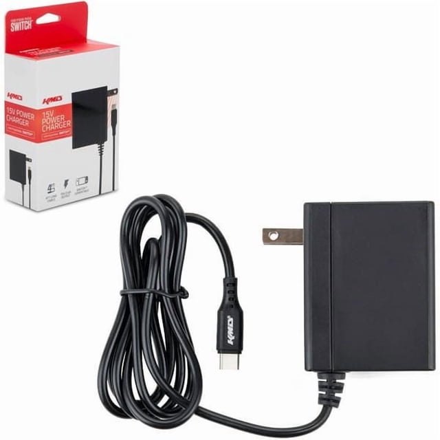 KMD 15V/2.6A Power Charger for Nintendo Switch with a black rectangular adapter featuring foldable two-prong plug and a 4ft Type-C USB cable coiled beside it, shown with its white and red retail box, compatible as a replacement or additional charger for Nintendo Switch consoles.
