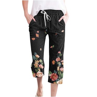 lcziwo Capris en Lin à Jambes Larges pour Femmes, Pantalons Capri en Coton et Lin pour Femmes Décontractés Été avec Cordon de Serrage Taille Élastique Pantalons à Jambes Droites Offres du Jour Liquidation Multicolore