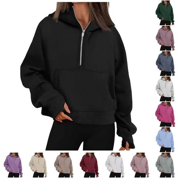 PMVFHDE Women's Fashion Casual Zipper Long Sleeved Loose Solid Hoodie Black,S