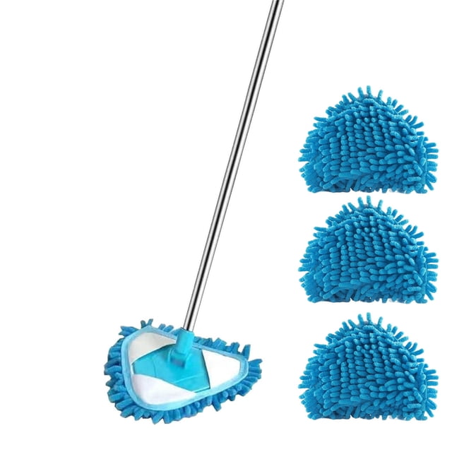 Eky Wall Cleaner Mop with Long Handle featuring a microfiber 180° rotatable adjustable triangular mop head. Includes two replacement pads for wet and dry cleaning. The mop has an extendable handle for cleaning walls, floors, and hard-to-reach areas. The blue triangular mop head is designed for superior dirt removal and water absorption, suitable for various floor types. The image shows the mop with its long handle and three blue replacement pads.