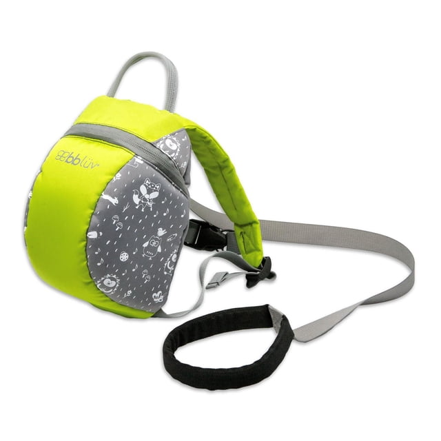 bblüv - Päk - Toddler Backpack (Lime) with lime green and grey fabric featuring white animal and nature prints, padded adjustable shoulder straps, top grab handle, and removable safety rein leash for parent control and toddler independence.