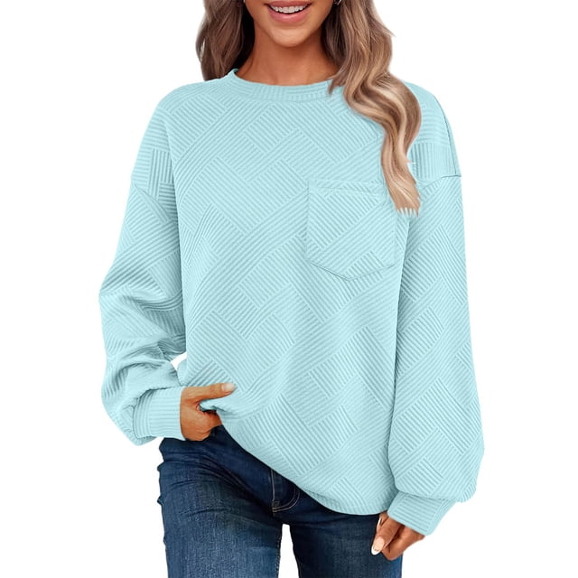 Chandail en Molleton Ultra Doux Texturé pour Femmes Col Rond Manches Longues Tuniques Blouses avec Poches Confort Décontracté Athlétique Chandail Blouses Tenues Automne Hiver