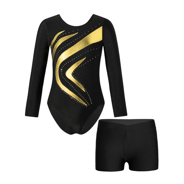 Loodgao Justaucorps de Danse et Gymnastique pour Filles Manches Longues Col Rond avec Short Or 8
