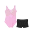 thumbnail image 4 of Moggemol Kids Girls Sheer Mesh Patchwork V-Back Dance Unitards Solid Color Sleeveless Bodysuit with Botty Shorts Set Pink 8, 4 of 7