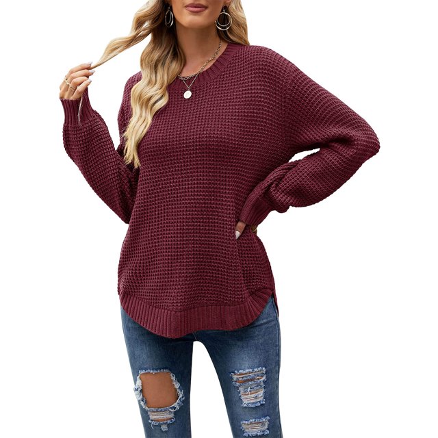 Bellella Tricot pour Femmes Couleur Unie Col Rond Chandail de Travail Bordeaux TG