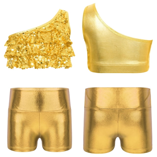 Oyolan Big Girls Gymnastic Workout Set 2PCS Crop Tops with Shorts 4-16 Years Sequins Dance Outfit Gold 6