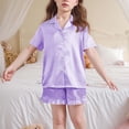 thumbnail image 3 of BLVB Girls Pajamas Satin Pajama Set Silk Pjs Short Sleeve Button down Shirts Summer Ruffle Sleepwear for Big Kids 5-15Y, 3 of 6