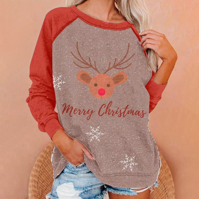 Costumes de Noël en Liquidation Mode Blouse à Manches Longues Imprimée de Noël Col Rond Chandail Décontracté Hauts Chandails Chandails Molletonnés Grande Taille pour Femmes