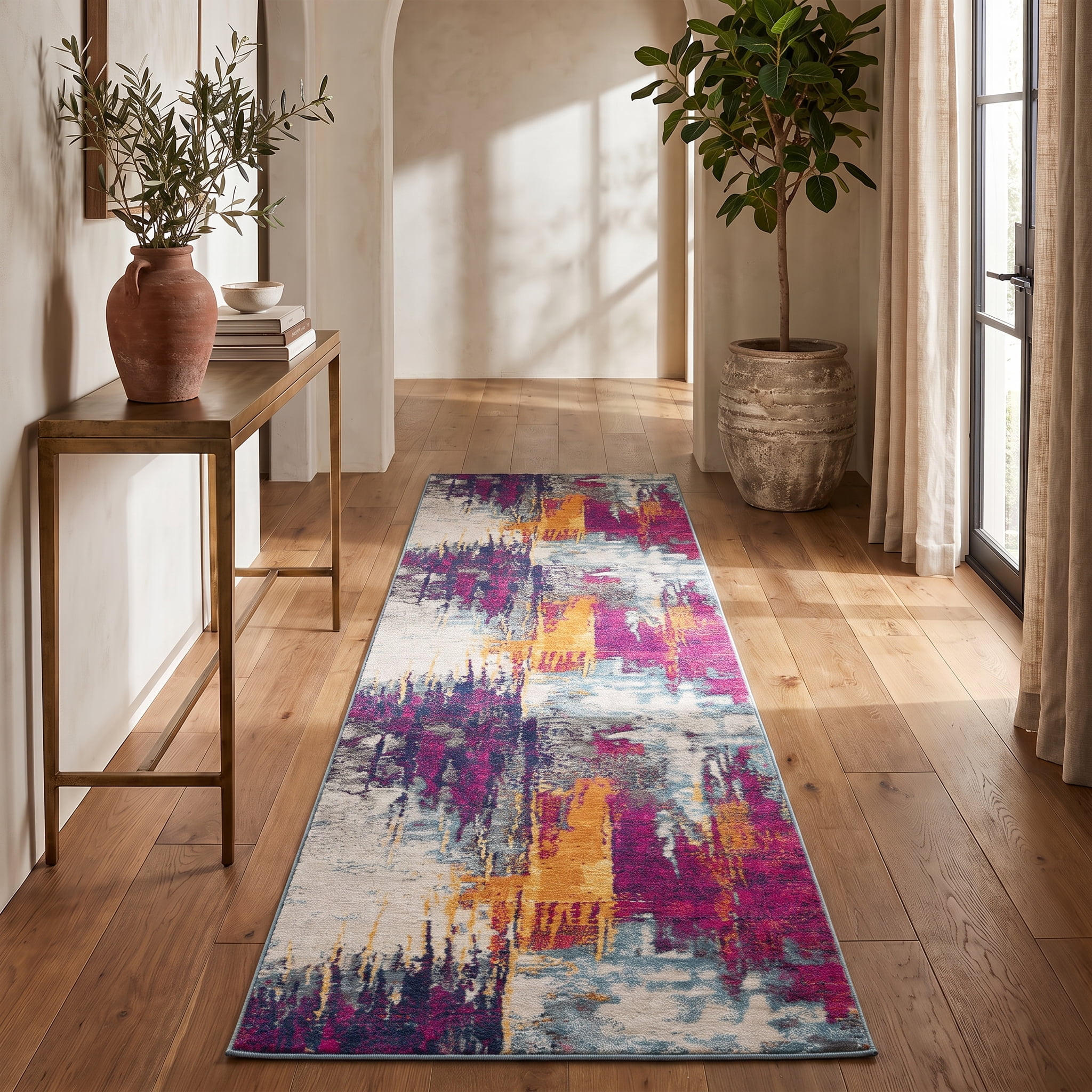 Rug Branch Savannah 2' x 14' (Exact Size: 2'3" x 14') Mid-Century Modern Modern Runner Runner Rug, Purple Orange, Abstract Entryway, Hallway, Bathroom, and Kitchen