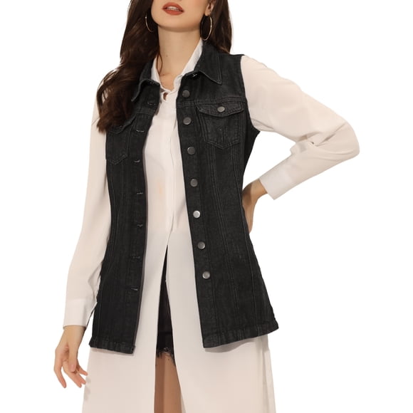 INSPIRE CHIC Women's Denim Vest Sleeveless Button Down Mid Length Casual Jean Vest M Black