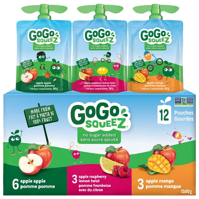 GoGo squeeZ Fruit Sauce Snack Pouches Variety Pack with 12 re-closeable 90g pouches including 6 Apple Apple, 3 Apple Raspberry Lemon Twist, and 3 Apple Mango flavours. Made from 100% real fruit puree with no sugar added, gluten- and nut-free, vegan, and non-GMO. Features colorful fruit characters and fruit images on a green and blue background.