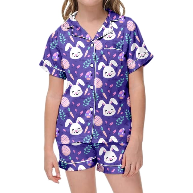 MIASHUI Ensemble de Pyjama 2 Pcs Unisexe de Pâques pour Garçons et Filles, Imprimé, Vêtements de Nuit, Violet, 8-9 Ans