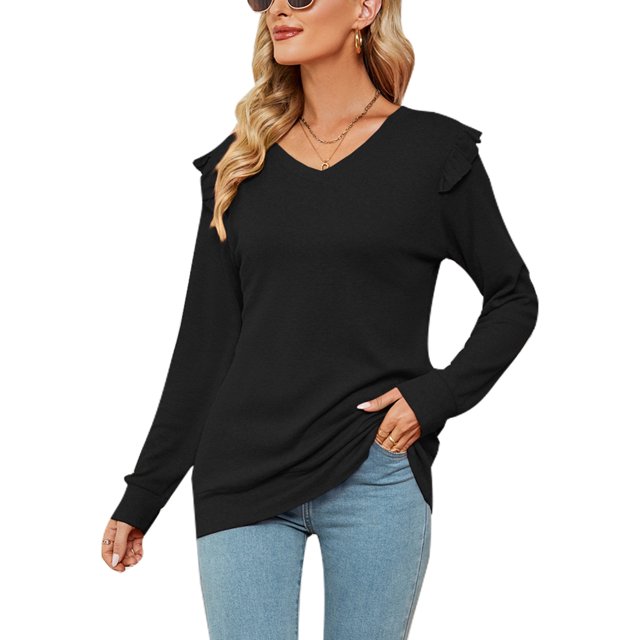 MAWCLOS Women Loose V Neck Tee Loungewear Solid Color Tunic Blouse Black M