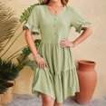 thumbnail image 2 of Besolor Womens Summer Dress V Neck Short Sleeve Button Knee Length Dress Loose Flowy Ruffle Boho Sundresses, 2 of 7