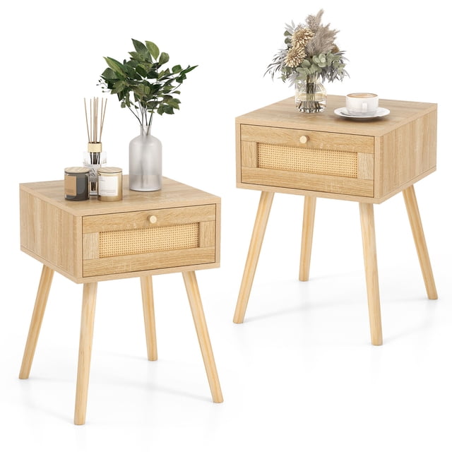 Gymax 2 PCS Nightstand Bedside Sofa Table with Rattan Drawer for Bedroom & Living Room. This pair of nightstands features a natural oak finish, hand-woven rattan drawer fronts, and tapered solid wood legs for a mid-century modern look. Each table includes a spacious tabletop for decor or essentials and a pull-out drawer with a metal knob and smooth metal slides for easy access. Perfect for bedrooms, living rooms, or hallways, these tables combine Boho style with practical storage. Dimensions: 16'' x 16'' x 21.5'' (L x W x H).