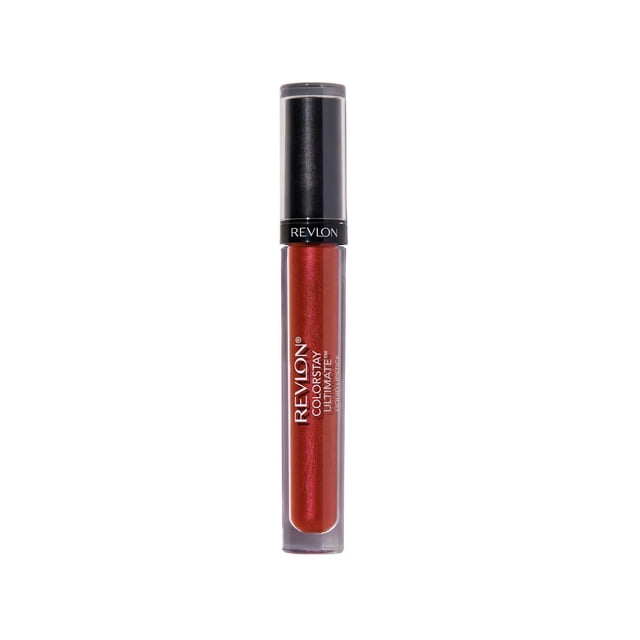 Revlon ColorStay™ Ultimate Liquid Lipstick in a clear tube with a black cap, showing a deep red satin liquid lipstick that provides up to 24 hours of lightweight, comfortable wear without a topcoat, suitable for long-lasting lip colour in makeup.