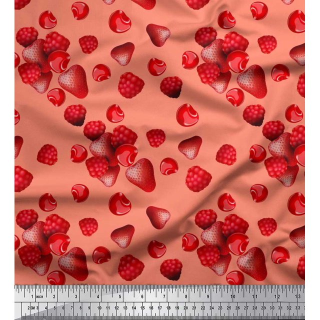 Soimoi Rayon Fabric Raspberry,Strawberry & Cherry Fruits Print Fabric by The Yard 56 Inch Wide