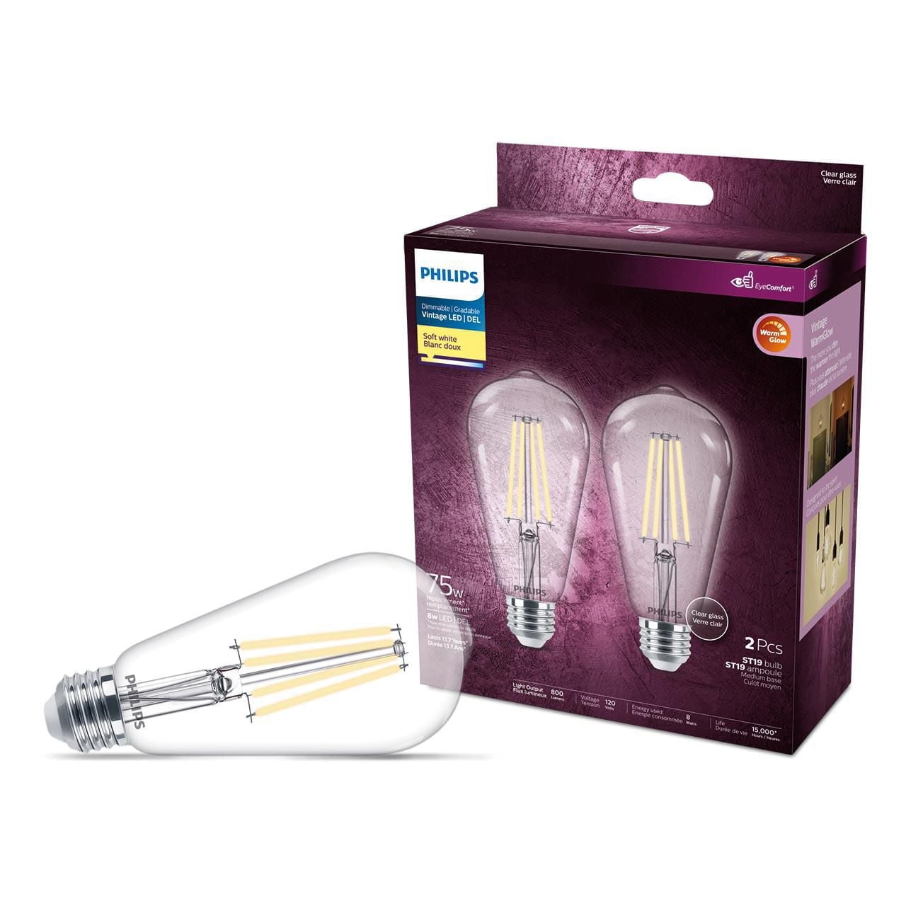 PHILIPS 8W  75W ST19 Medium Base Soft White Warm Glow LED Light Bulbs - Clear Glass, 2 Pack