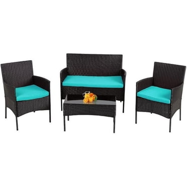 FDW Furniture 4 Piece Wicker Outdoor Bistro Sets Coffee Table Sofa, Blue
